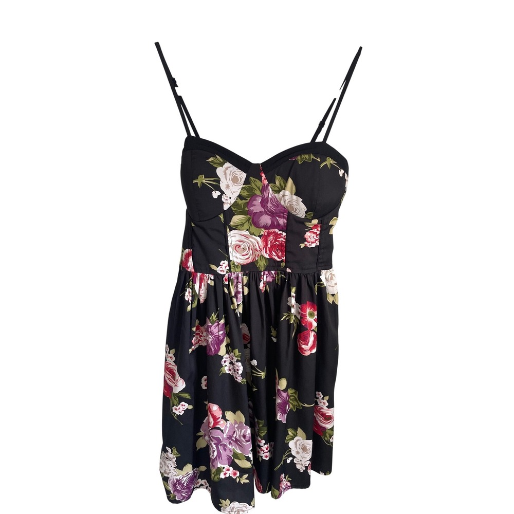Band of Gypsies Black Floral Bustier Mini Dress Y2K Small Smocked Back Pockets